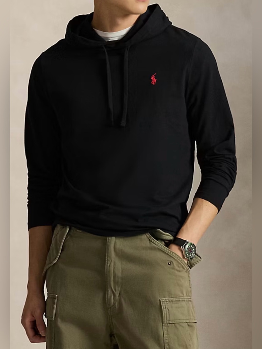 Polo by Ralph Lauren Black Hooded Long-Sleeve Shirt with Red Pony Logo